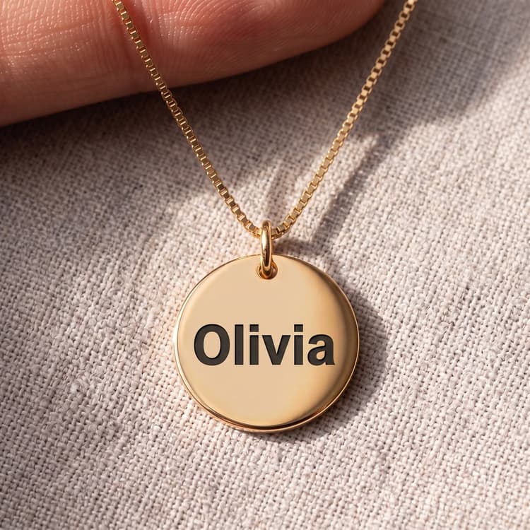 The same engraved gold plated disc pendant, bold block font