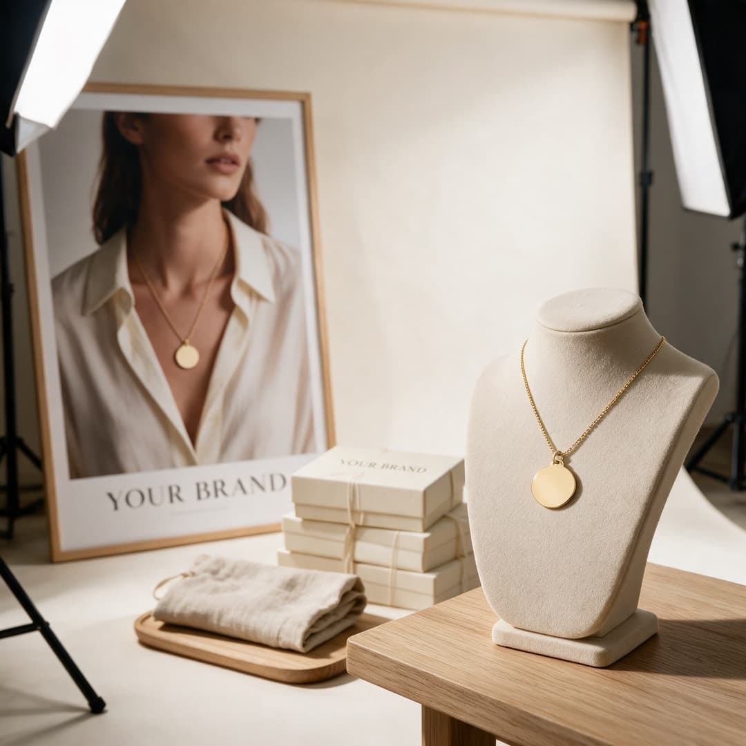 A gold plated disc pendant on a display bust in a small photo studio, beside boxes and a linen pouch printed YOUR BRAND