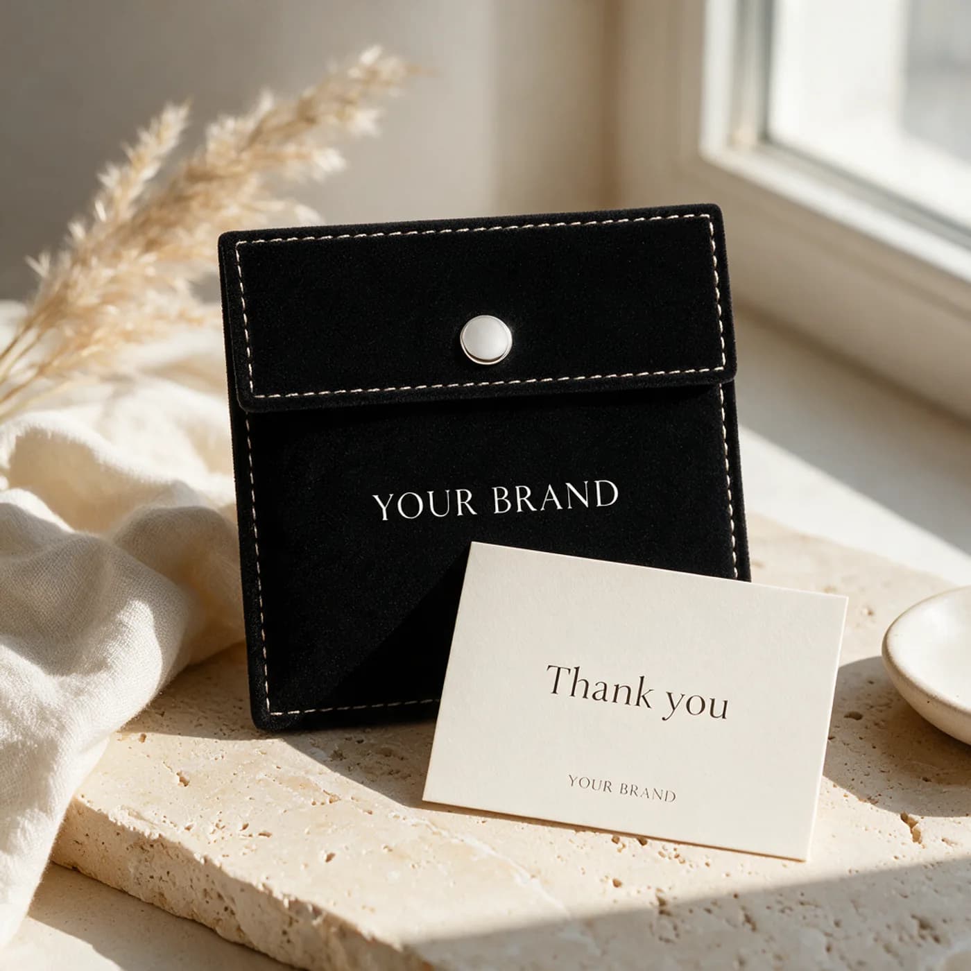 A black suede pouch stamped “Your brand” on travertine by a window, a Thank-you card leaning against it