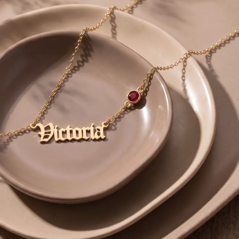 A gold plated name necklace reading “Victoria” with a birthstone, on a ceramic dish, close up
