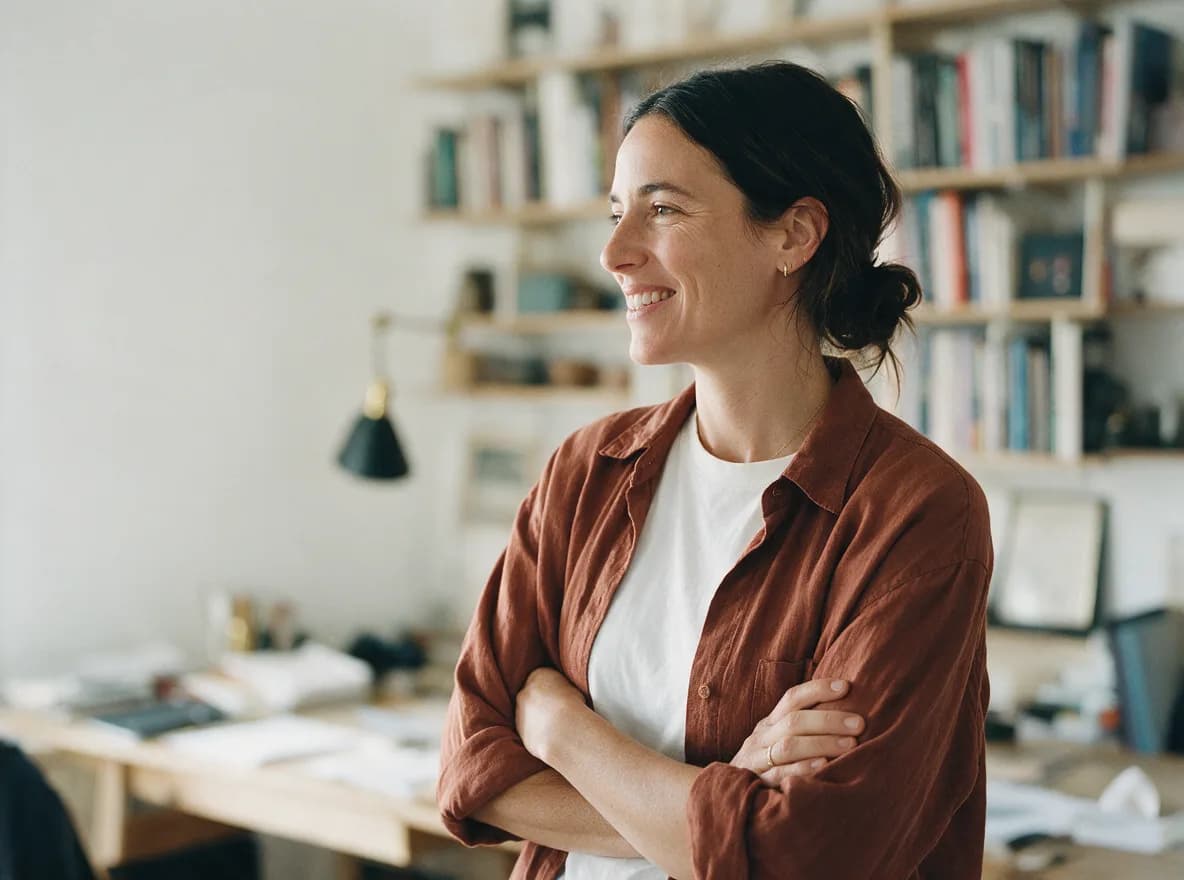 A partner stands in her bright workspace, arms crossed, smiling.
