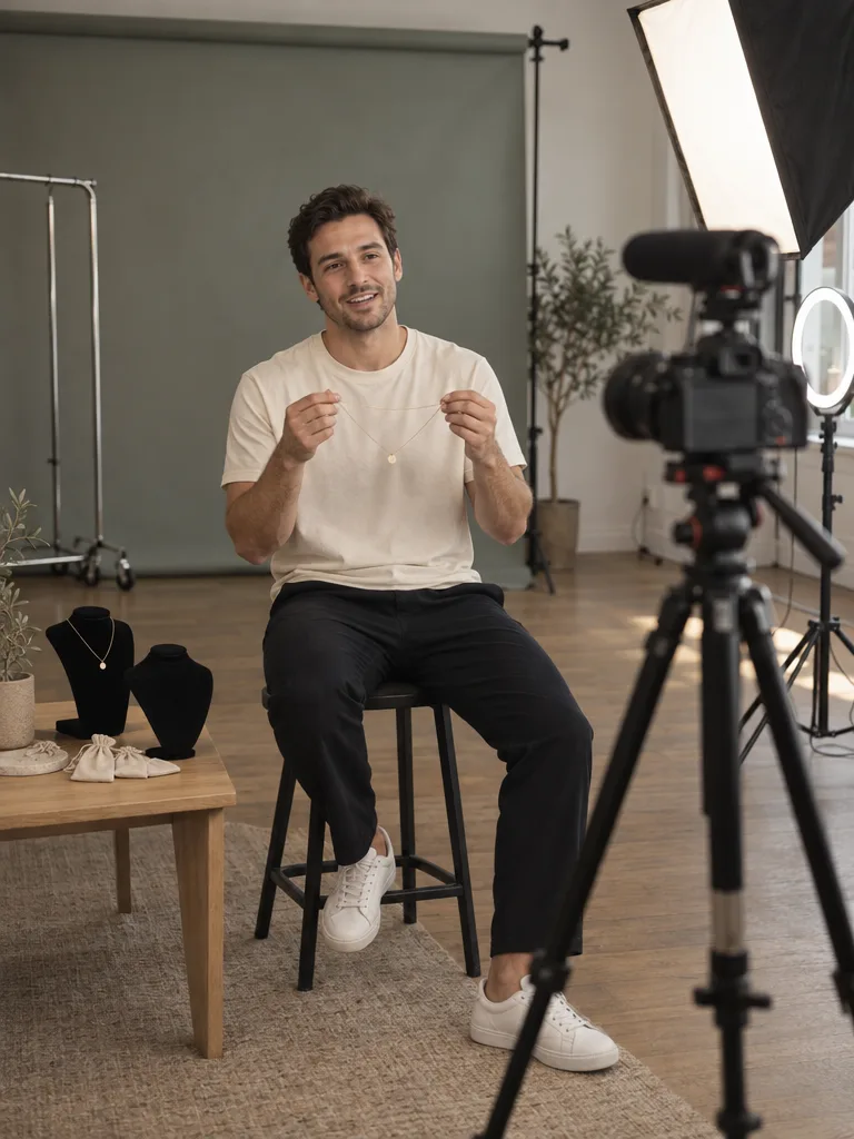 A creator showing a necklace to the camera.