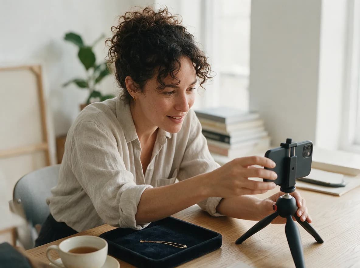 A creator adjusts a phone on a small tripod at her desk to film a short video.