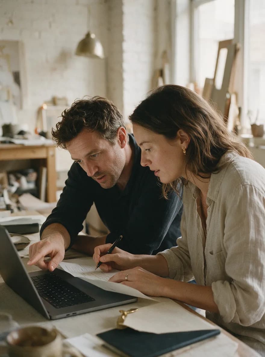 Two agency partners lean over one laptop, one pointing at the screen.