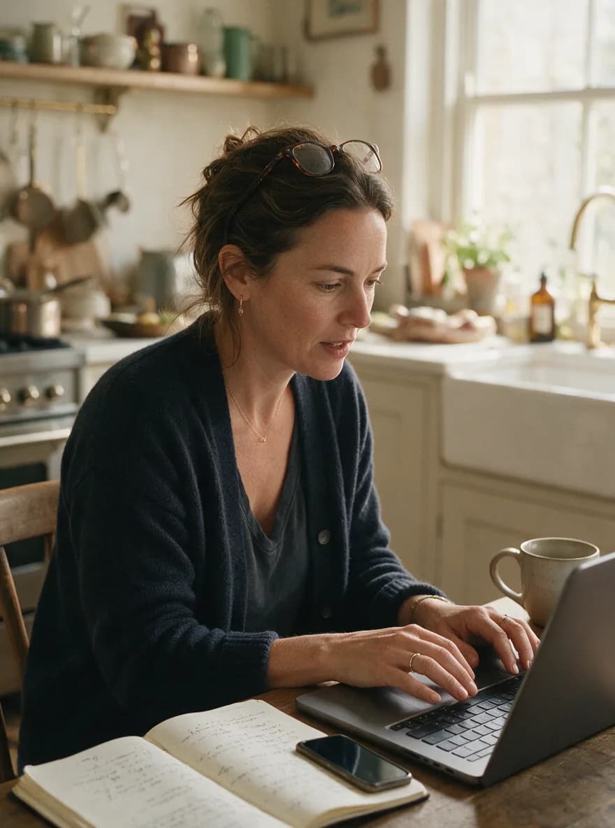 A community manager at a kitchen table types a reply, a notebook of handwritten notes beside her.