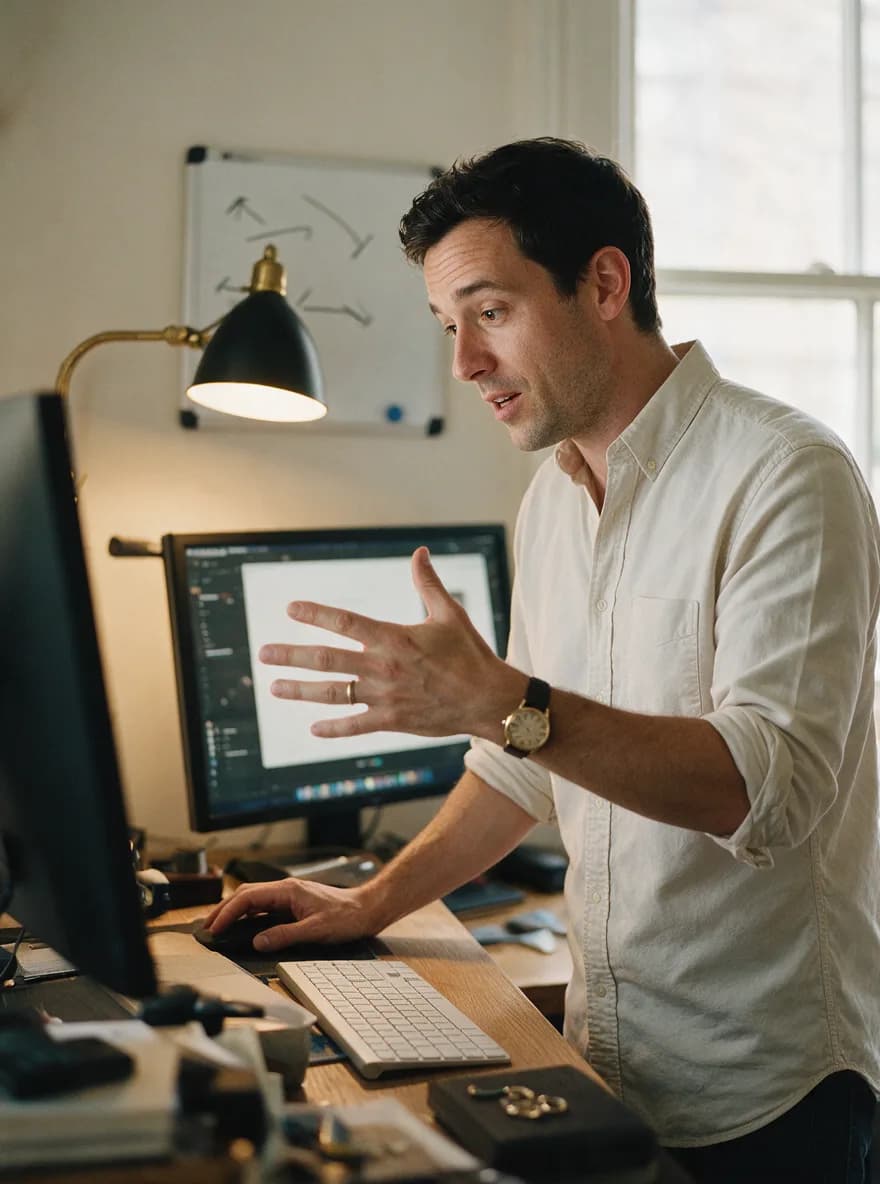 A course seller explains something on a video call, gesturing as she talks.