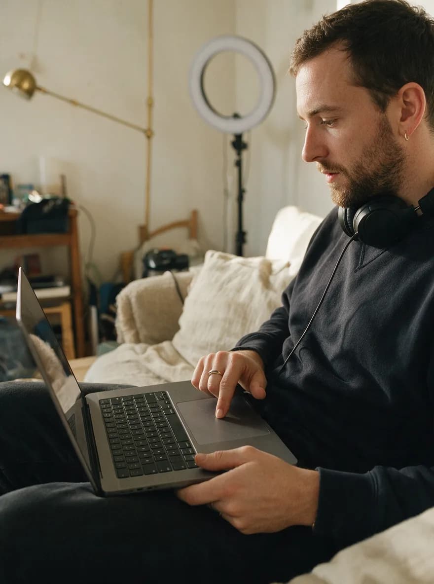 A creator on a sofa scrubs through a video on his laptop.