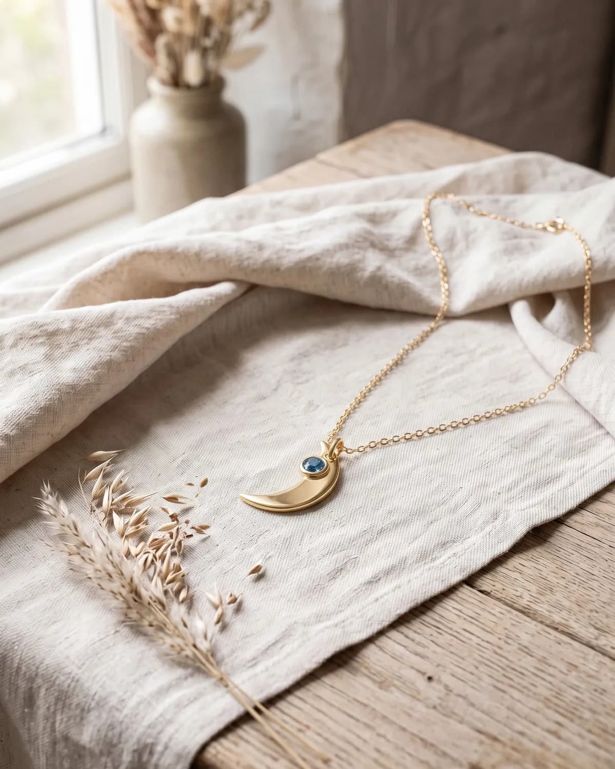 A gold plated crescent moon necklace with a birthstone, on ivory linen