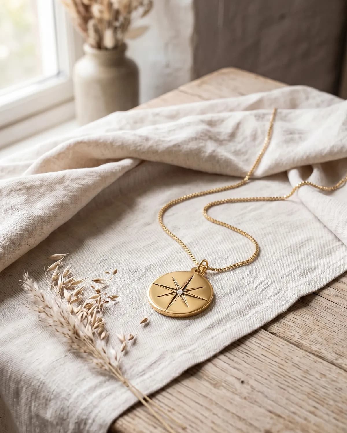 A gold plated north star necklace with a birthstone, on ivory linen
