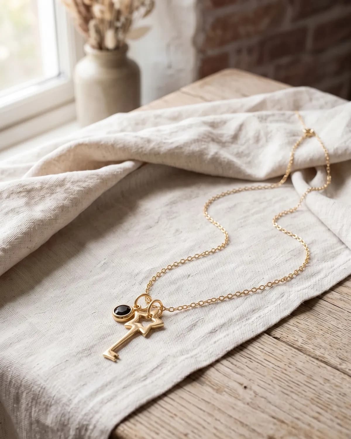 A gold plated key necklace with a birthstone, on ivory linen
