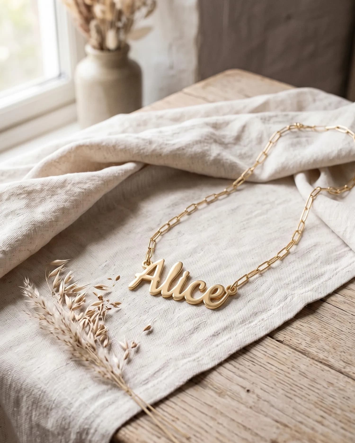 A gold plated name necklace reading “Alice” on ivory linen by a window