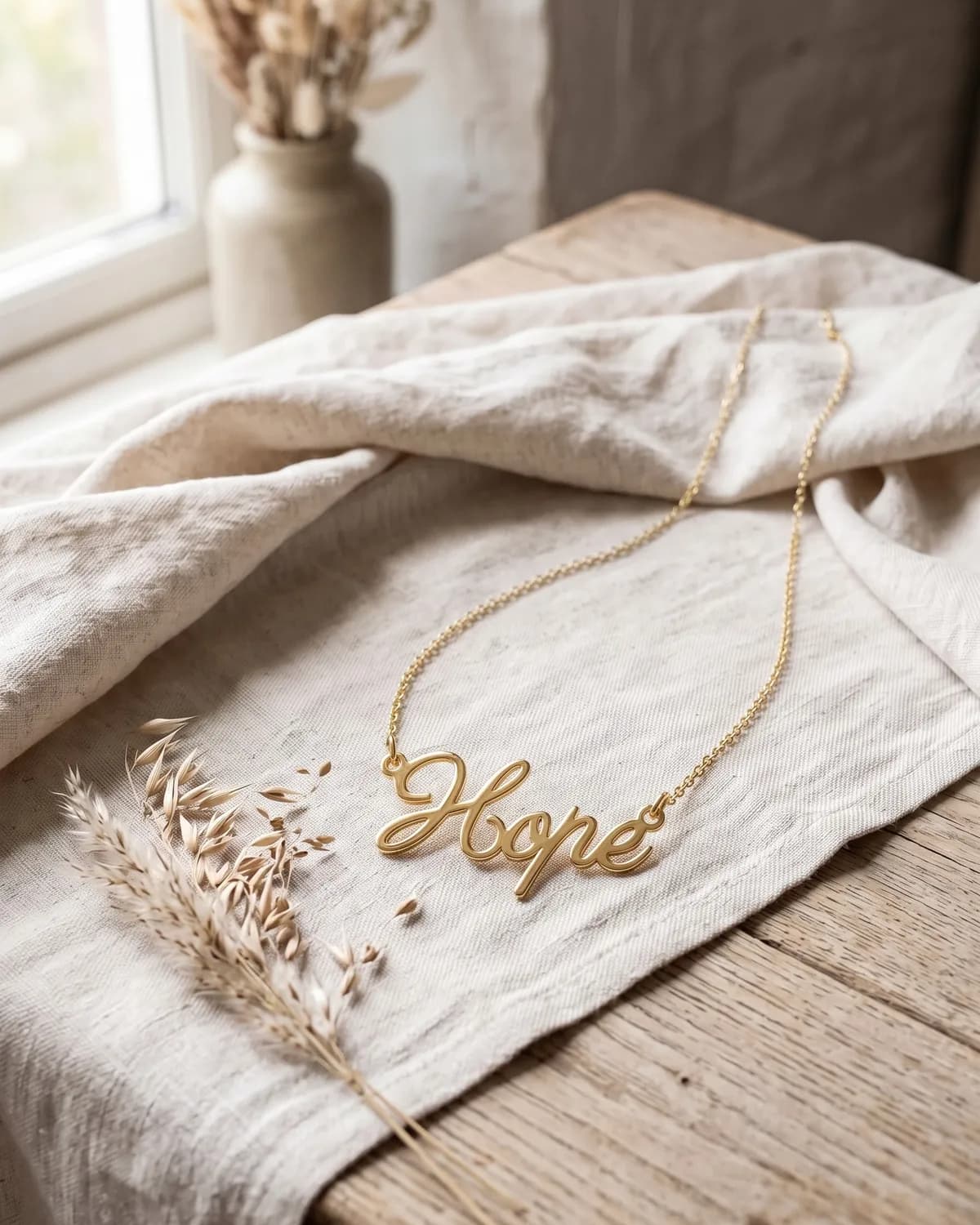 A gold plated “Hope” necklace on ivory linen