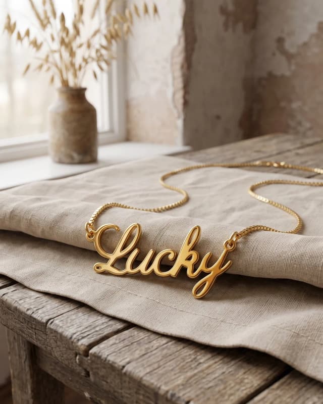 A gold plated “Lucky” necklace on linen by a window