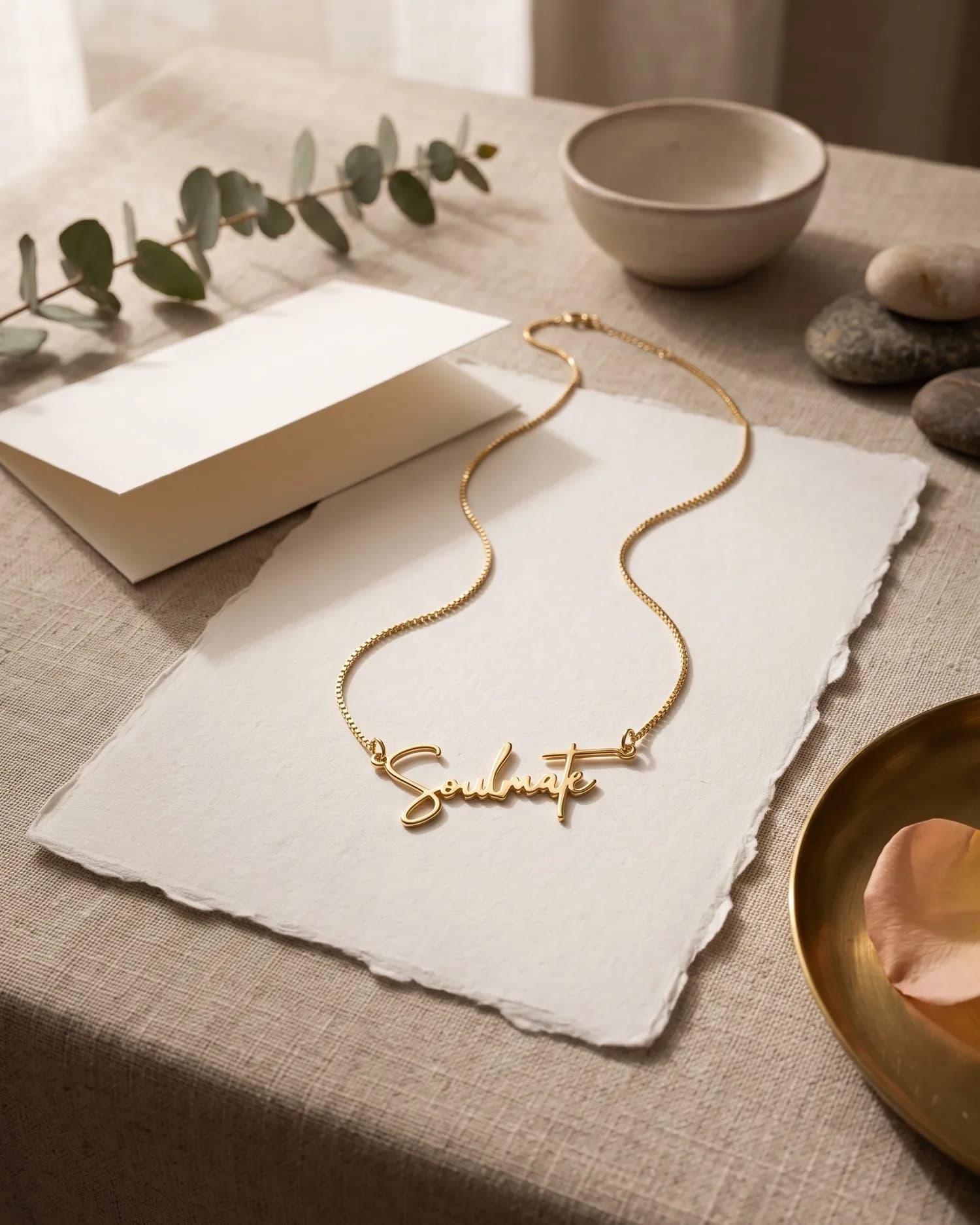 A gold plated “Soulmate” necklace on cream paper