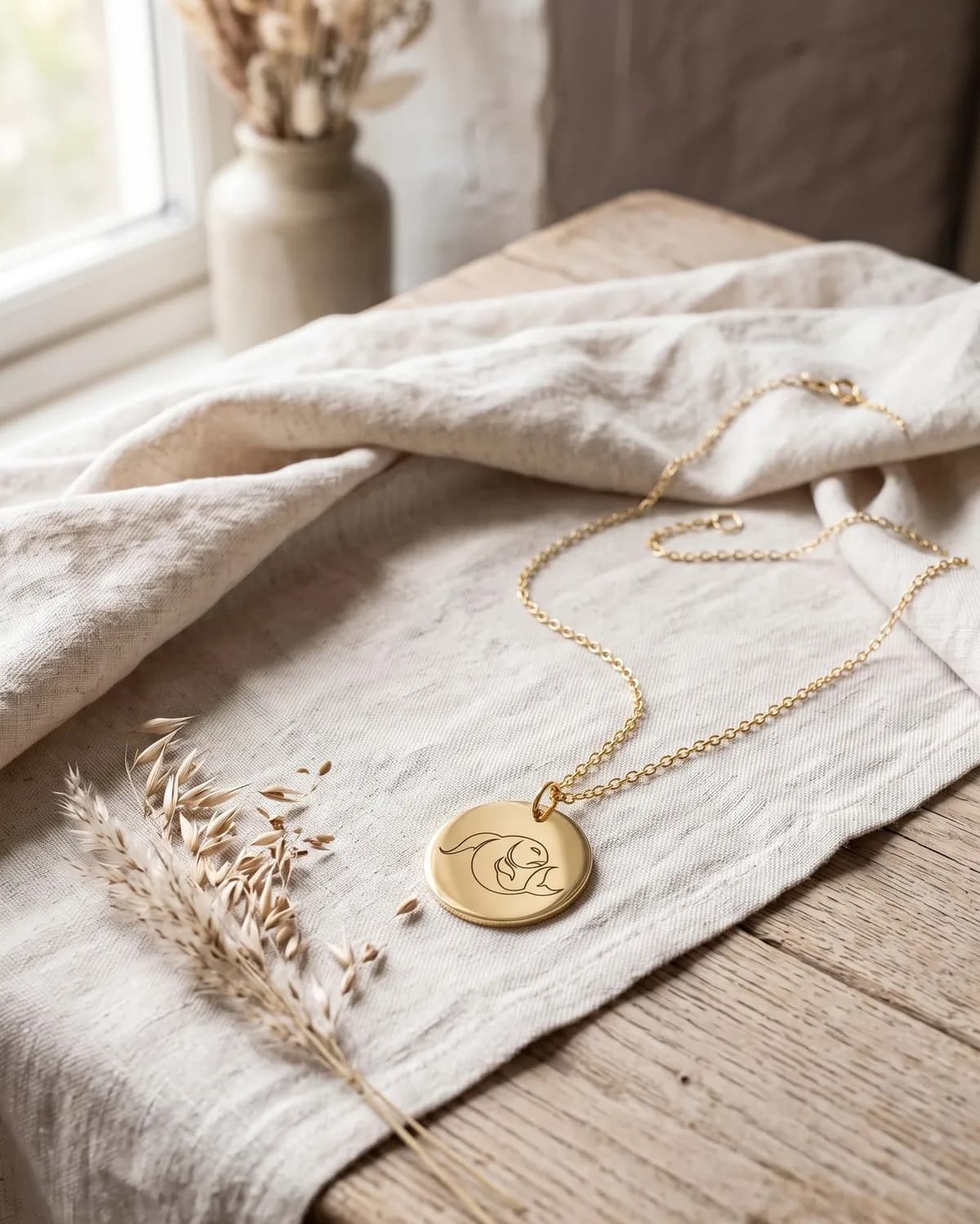 A gold plated Pisces zodiac disc necklace on ivory linen
