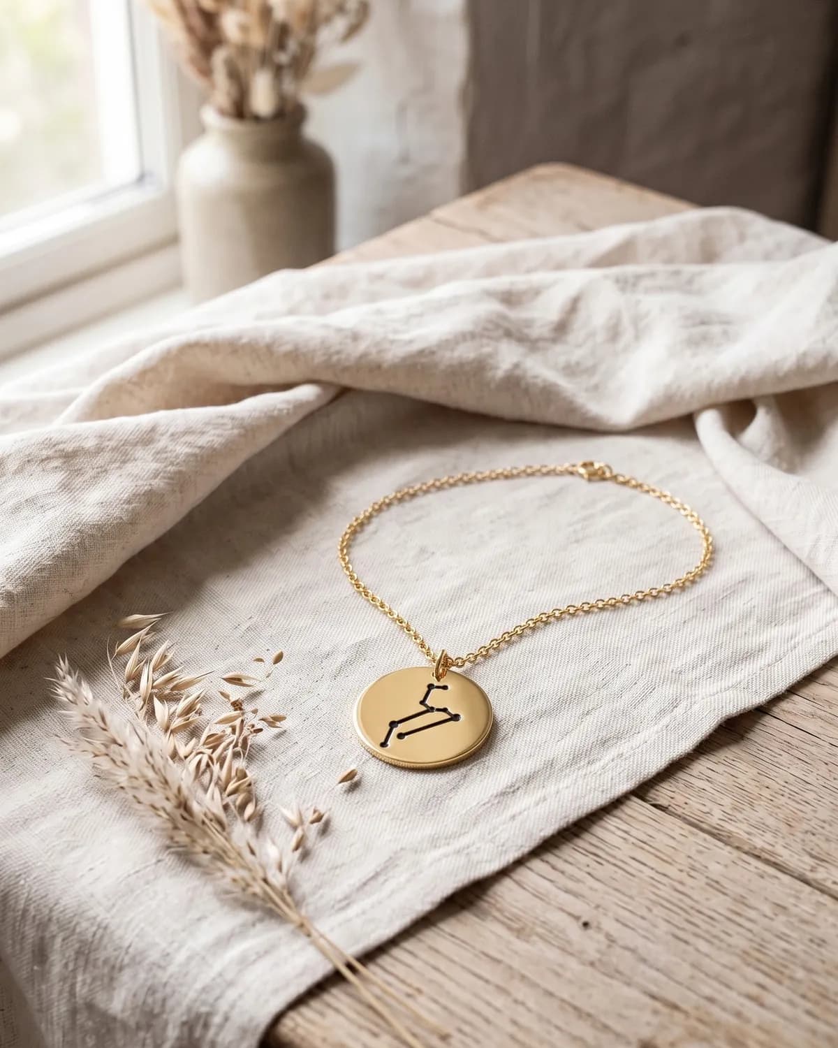 A gold plated constellation disc necklace on ivory linen