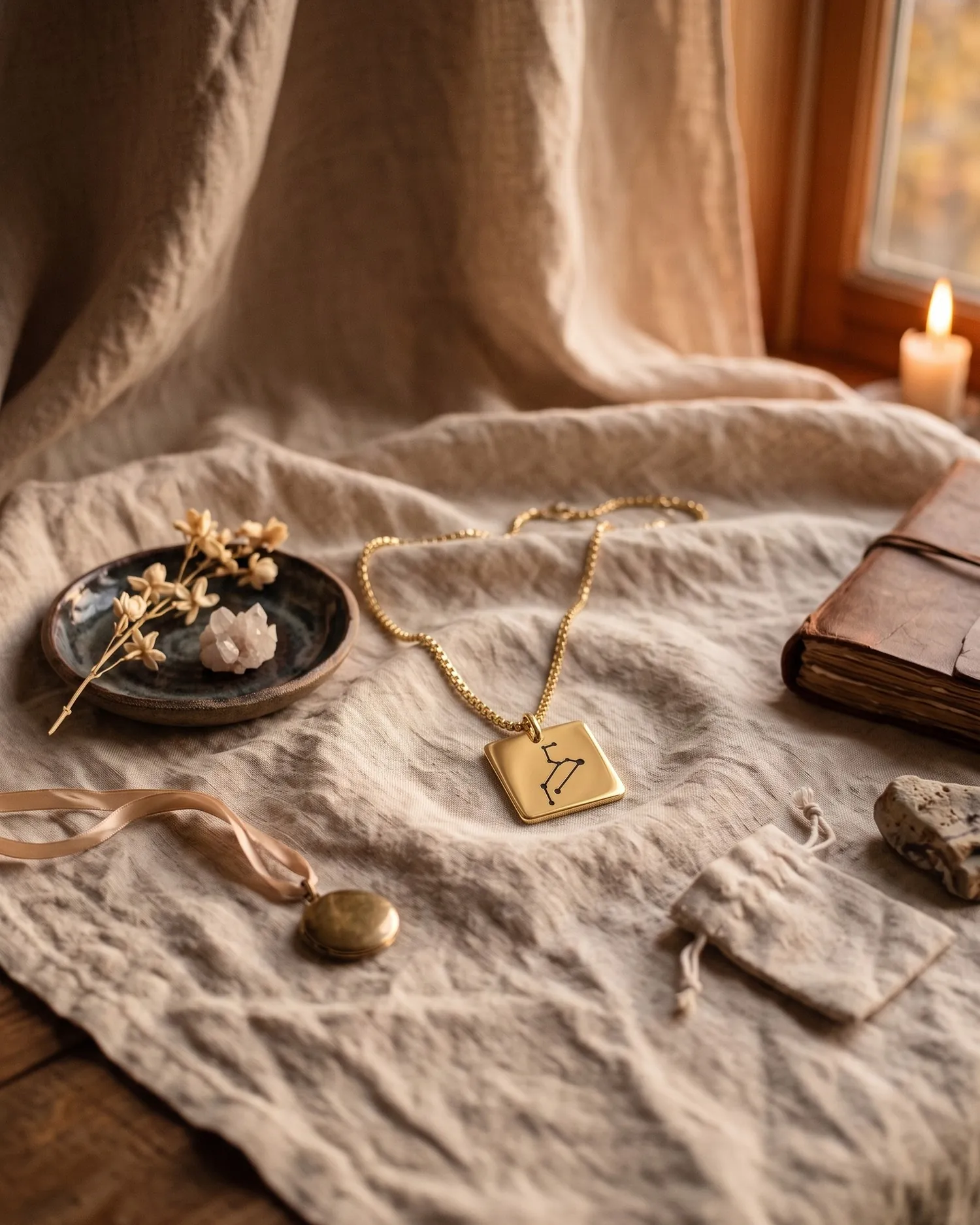 A gold plated Leo constellation necklace on cream linen in low evening light