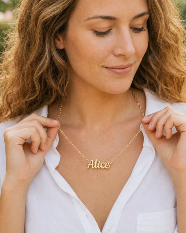 A gold plated script name necklace reading “Alice”, worn with an open white shirt by a woman looking down, made in our Studio