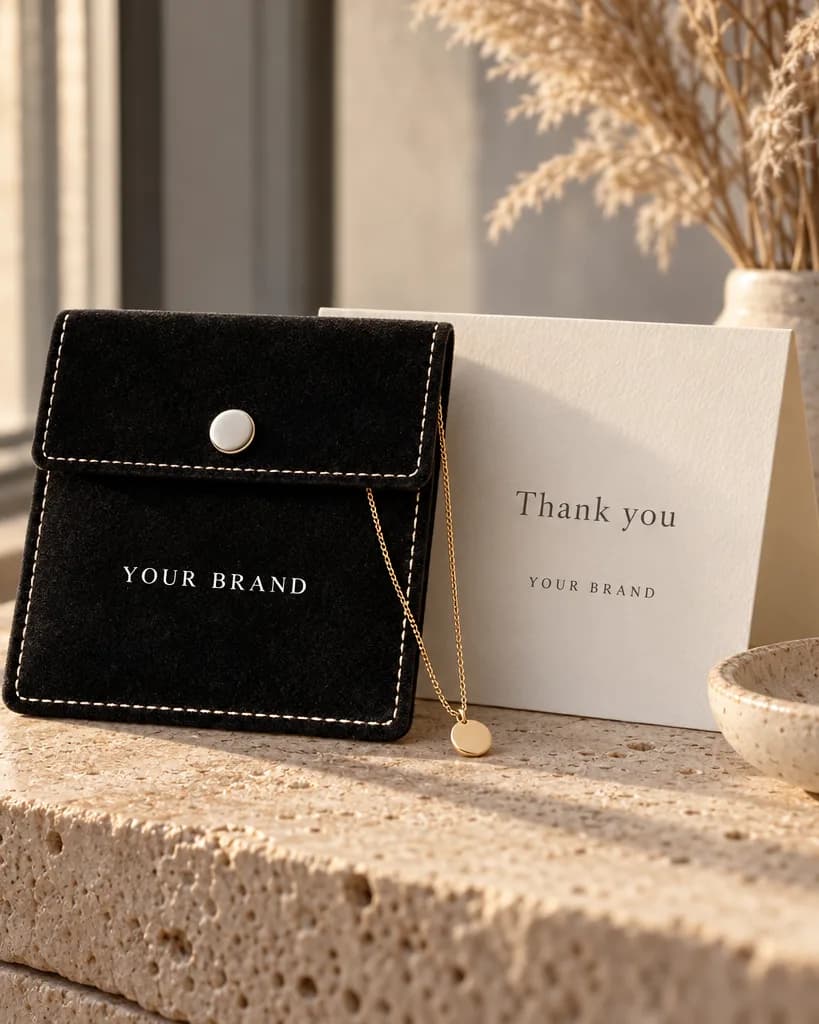 A black pouch marked “Your brand” with a Thank-you card and a gold plated chain, on stone by a window