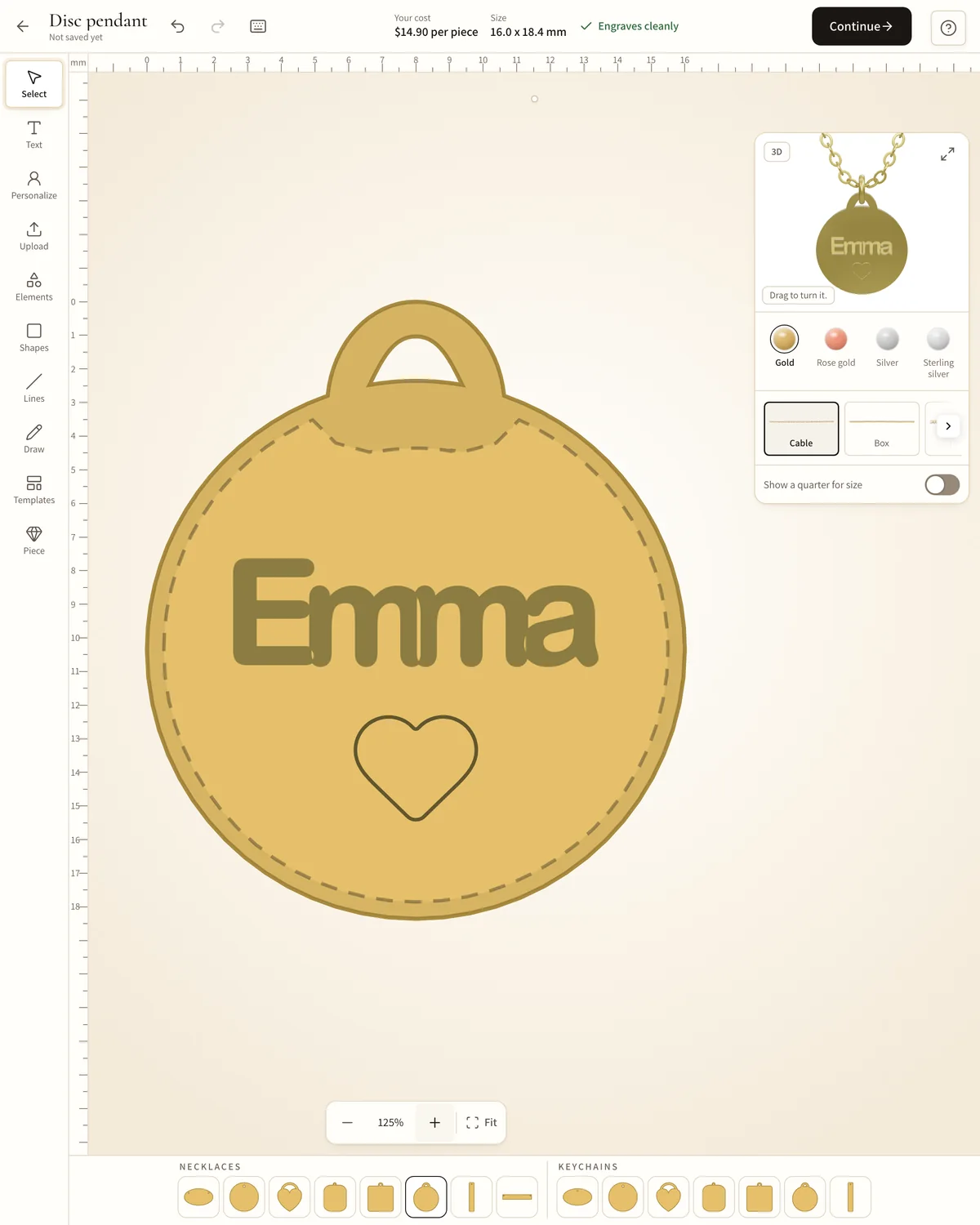 The Jeweliful designer: “Emma” over a small heart on a gold disc pendant, with the live 3D preview beside it