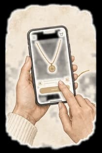 Watercolor: two hands hold a phone showing a shop page with a gold plated pendant necklace, a finger about to tap the buy button