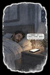Watercolor: a man asleep in bed at night while the phone on the nightstand lights up with a “New order $69” alert