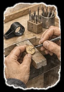 Watercolor: two hands engrave a small round pendant on a wooden bench, a loupe and a pot of tools beside it