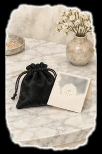 Watercolor: a black suede pouch and a cream Thank-you card on a marble table beside a small vase of dried flowers