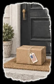 Watercolor: a parcel tied with string and a US flag tag waits on a doormat in front of a black door