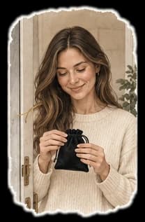 Watercolor: a smiling woman in a cream sweater opens a black pouch in her doorway
