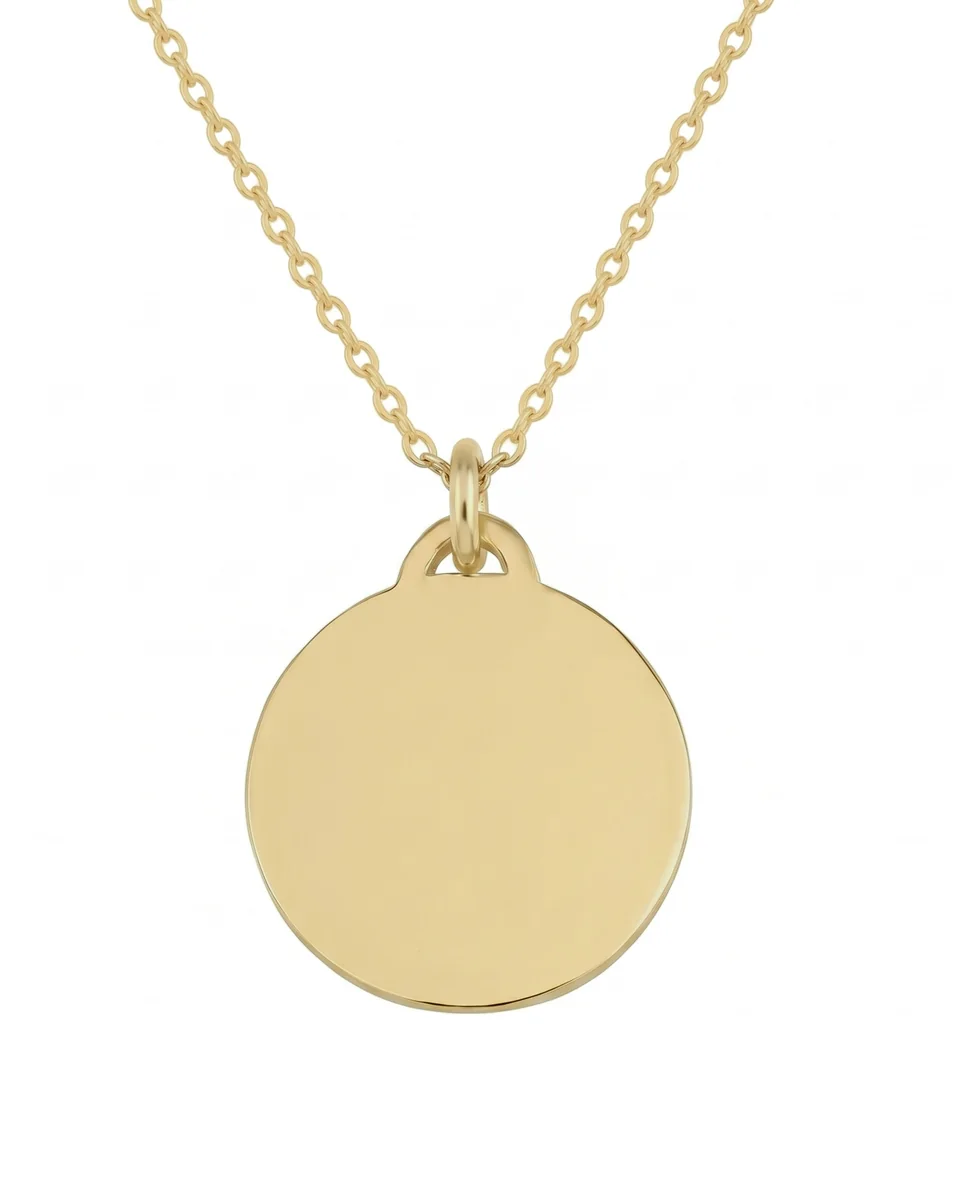 A gold plated disc pendant on a cable chain