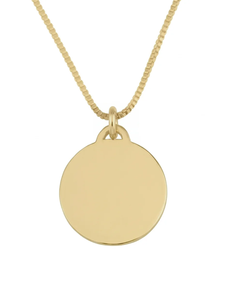 A gold plated disc pendant on a box chain
