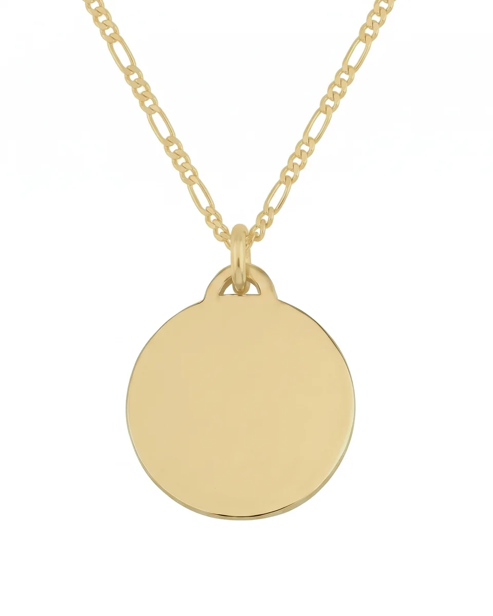 A gold plated disc pendant on a figaro chain