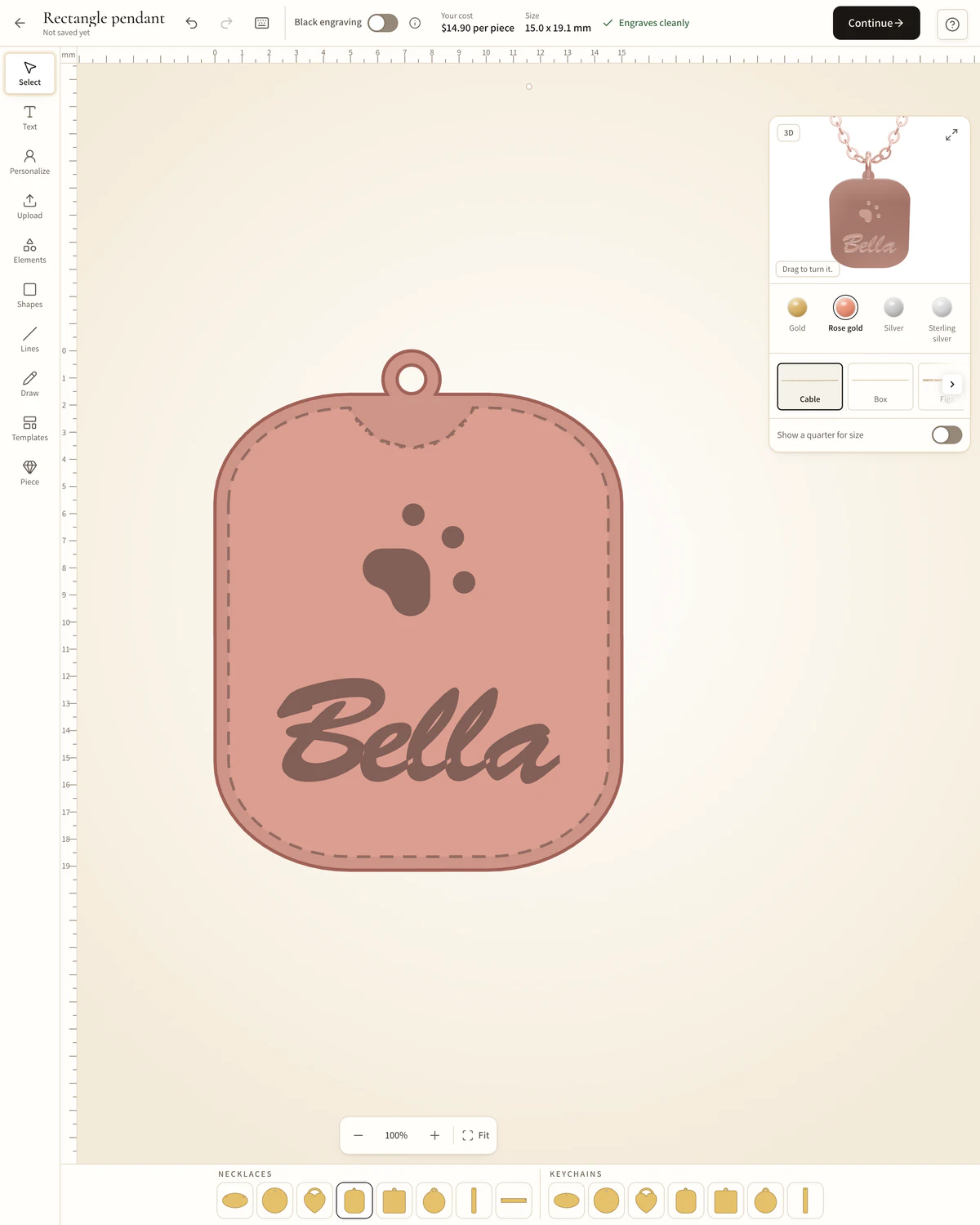 The Jeweliful designer: a paw print over the name “Bella” on a rose gold plated rectangle pendant, with the 3D preview beside it