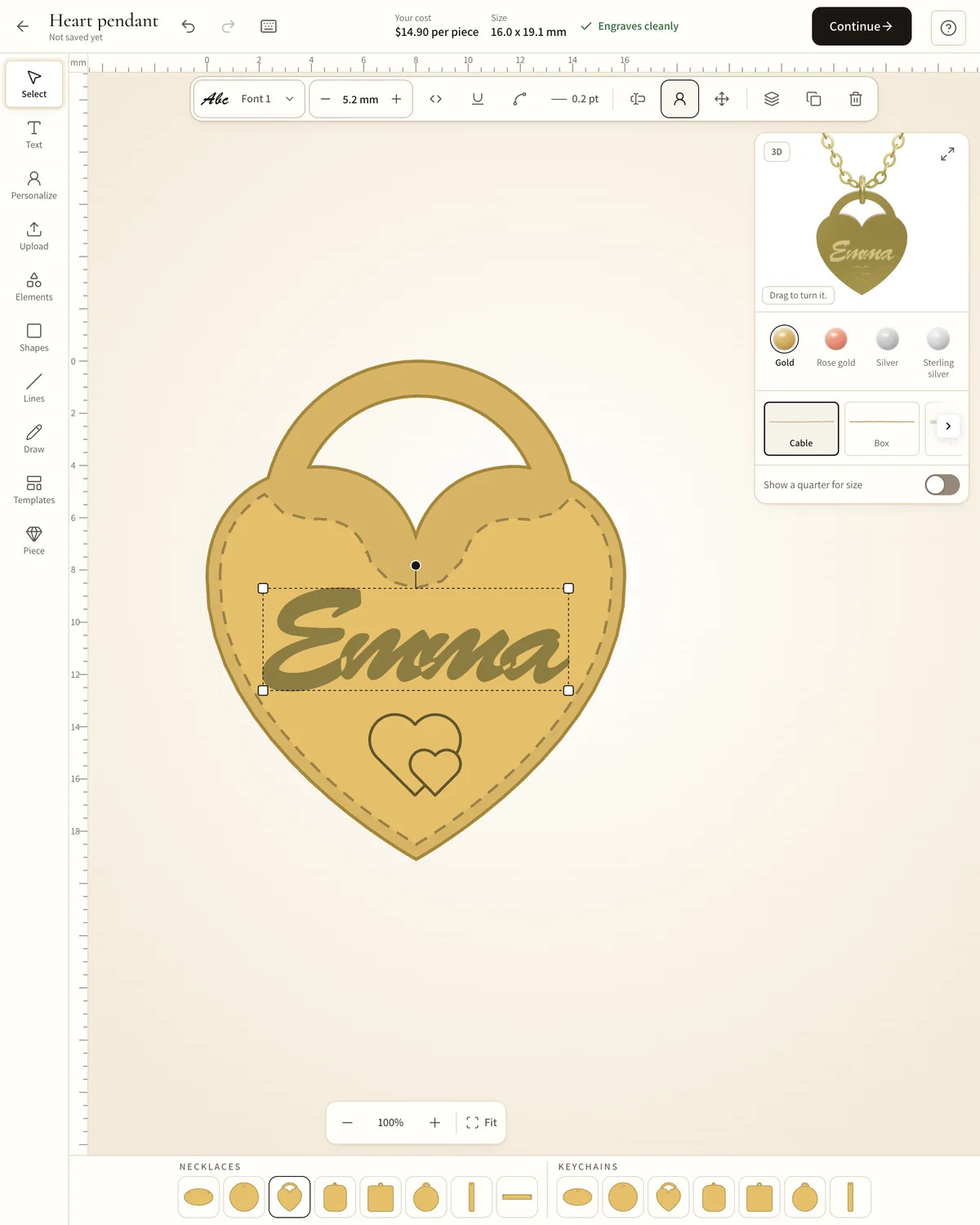 The Jeweliful designer: “Emma” in a script font over two small hearts on a gold heart pendant, with the 3D preview beside it