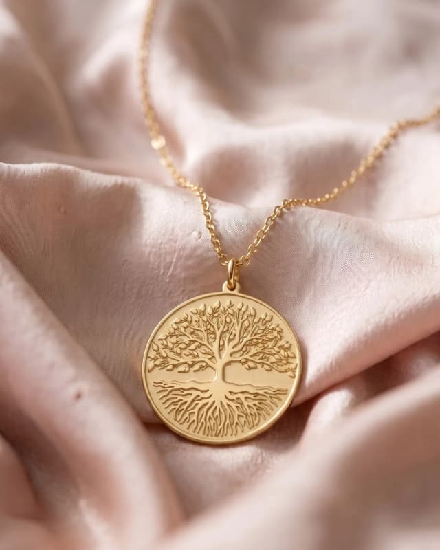 A gold plated tree of life disc necklace on soft blush silk, a photograph made in the AI Studio