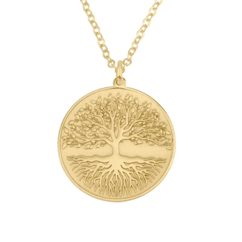 The same gold plated tree of life disc necklace on white, as the catalog shows it