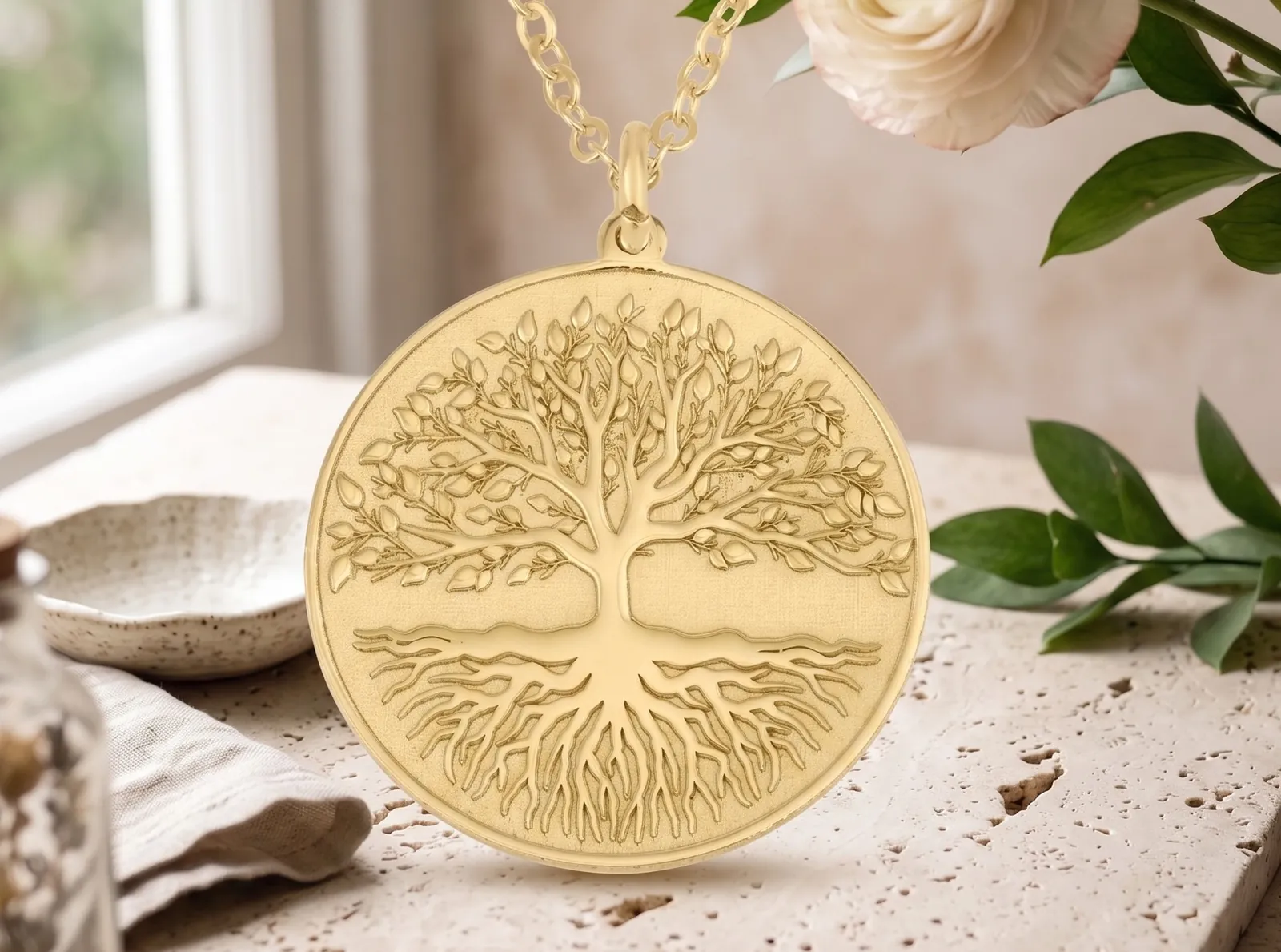 A gold plated tree of life disc necklace on pale travertine