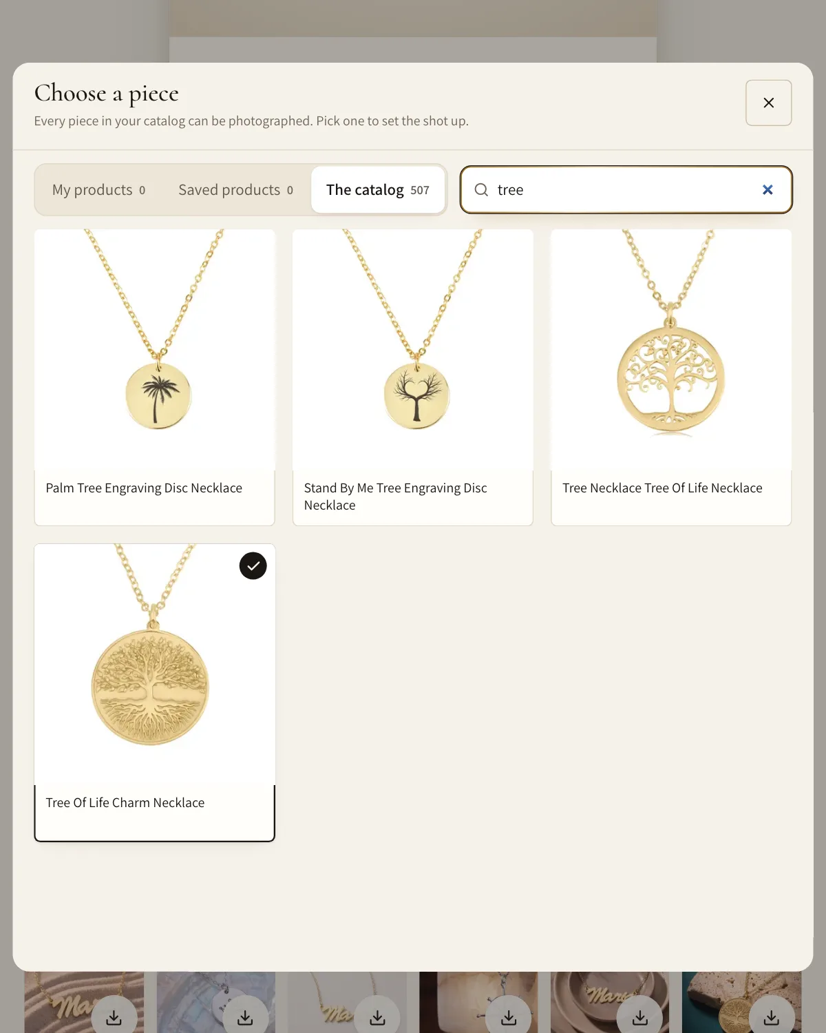 The AI Studio's piece chooser in the dashboard, searched for tree: four tree necklaces, the tree of life pendant ticked