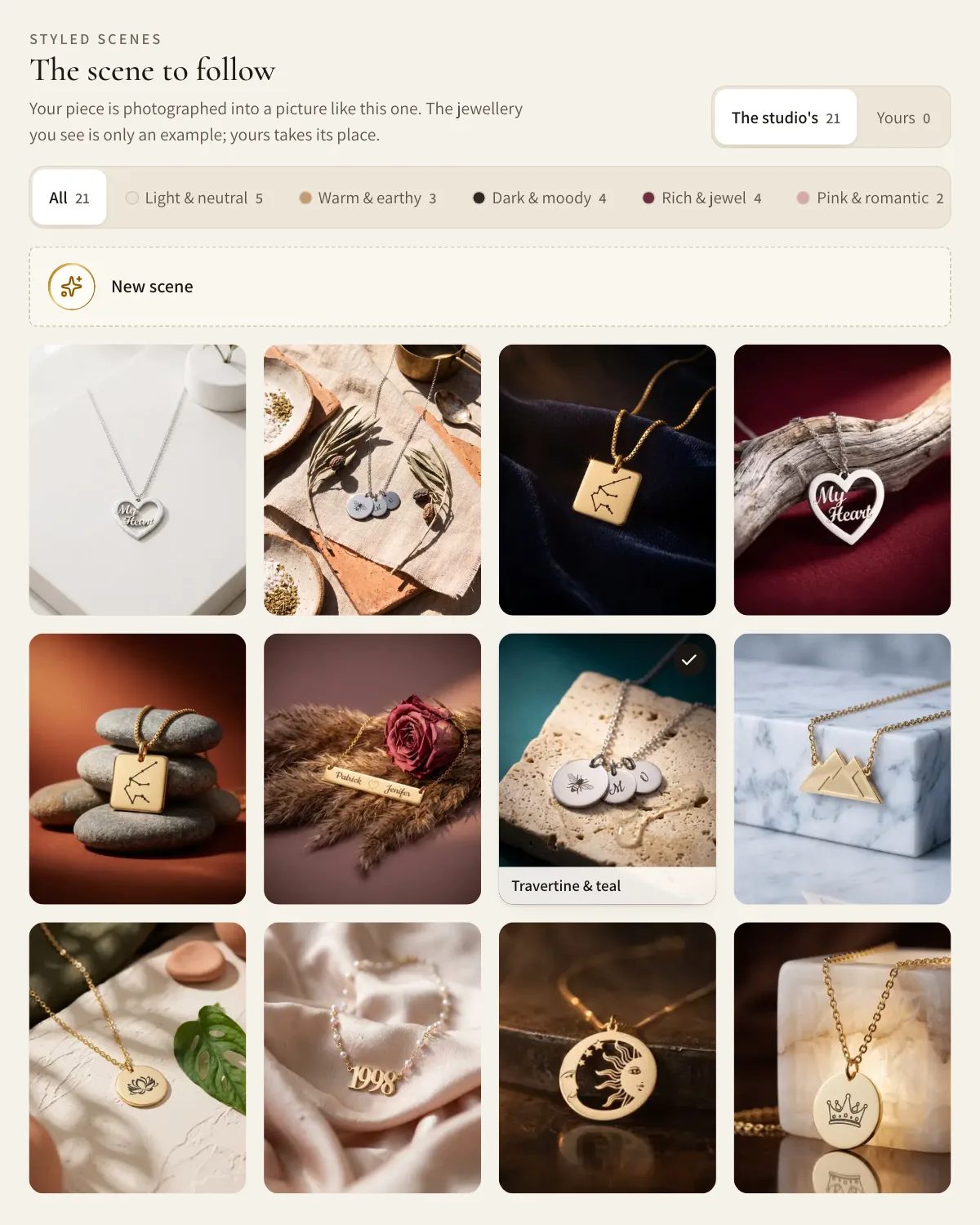 The AI Studio's styled scenes in the dashboard: palette filters, a tile to describe a new scene, and twelve scenes with travertine and teal chosen