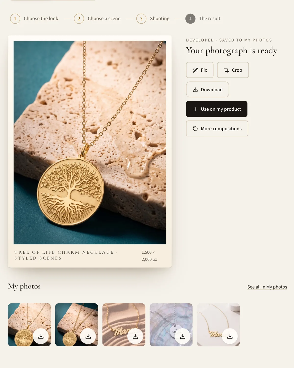 The AI Studio's result step in the dashboard: the tree of life necklace on a travertine block over deep teal, just made, beside its actions