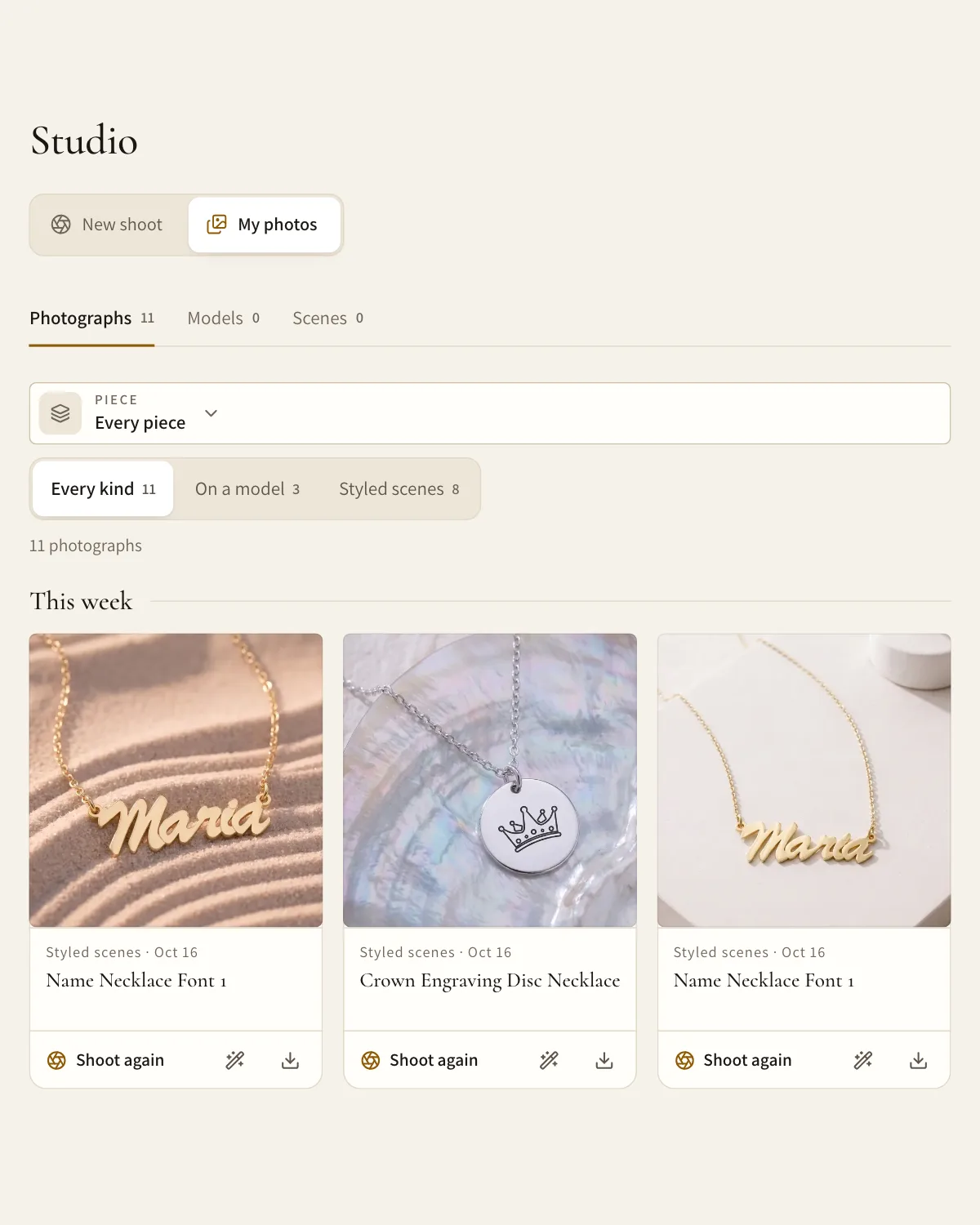 My photos in the AI Studio: two name necklaces and a crown disc pendant in styled scenes, each ready to use