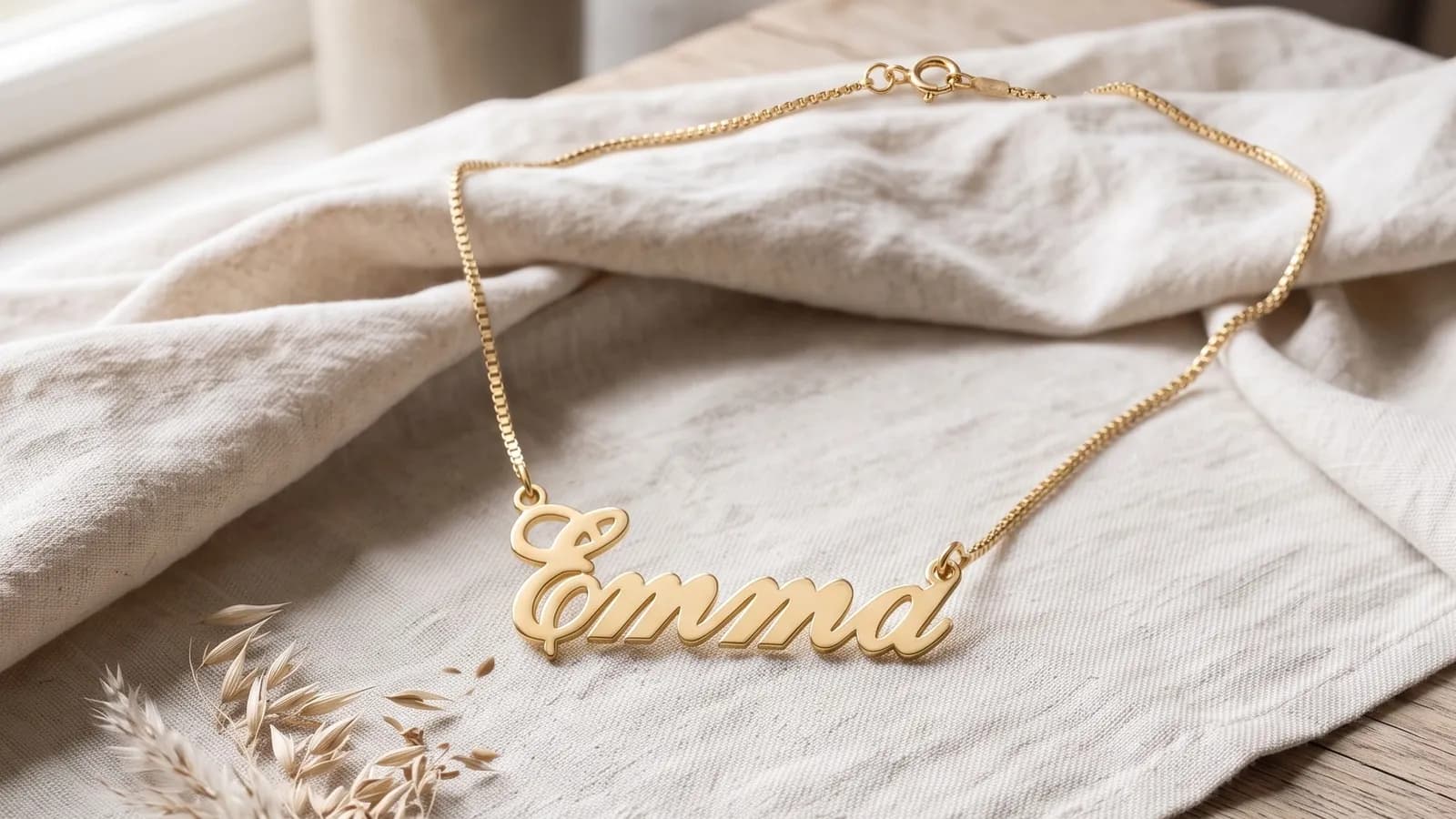 A gold plated name necklace reading “Emma” on ivory linen