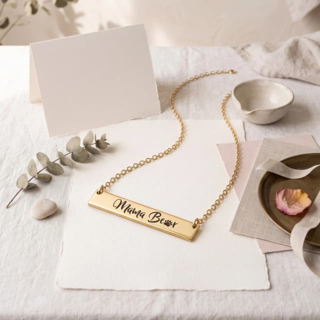A gold plated bar necklace engraved “Mama Bear” on cream paper