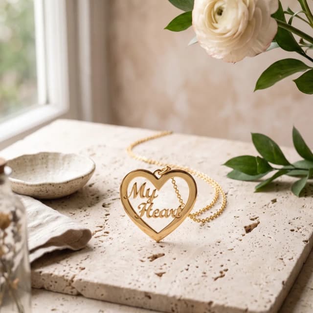 A gold plated “My Heart” necklace on pale travertine