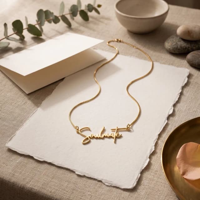 A gold plated “Soulmate” necklace on cream paper