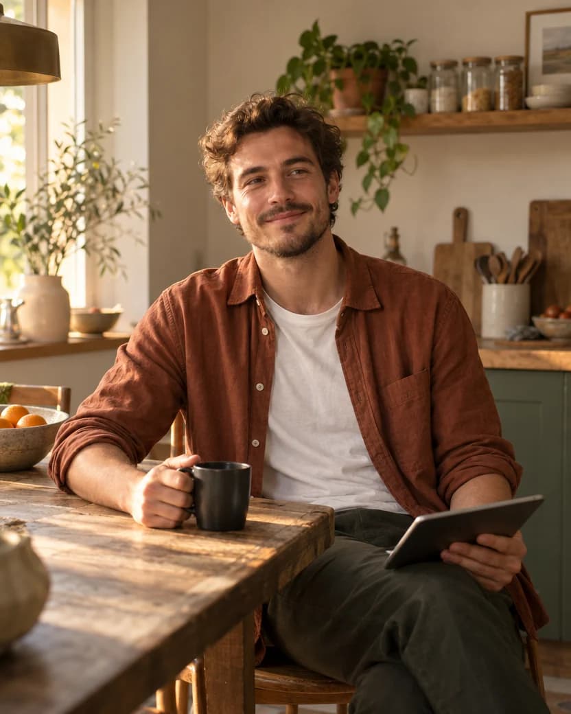 A smiling man in a rust shirt at a kitchen table, a tablet in one hand and a coffee in the other, in afternoon light
