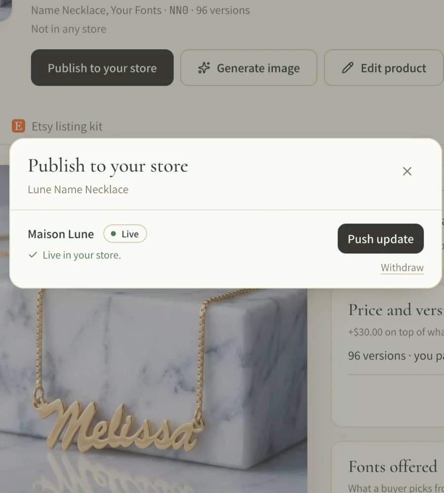 The Publish dialog in a Jeweliful account, with the piece live in the store