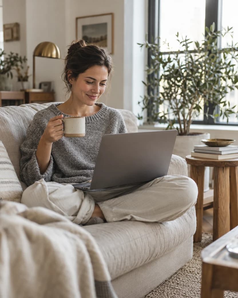 A woman on a linen sofa smiling at her laptop, a cup of coffee in her hand, in morning light