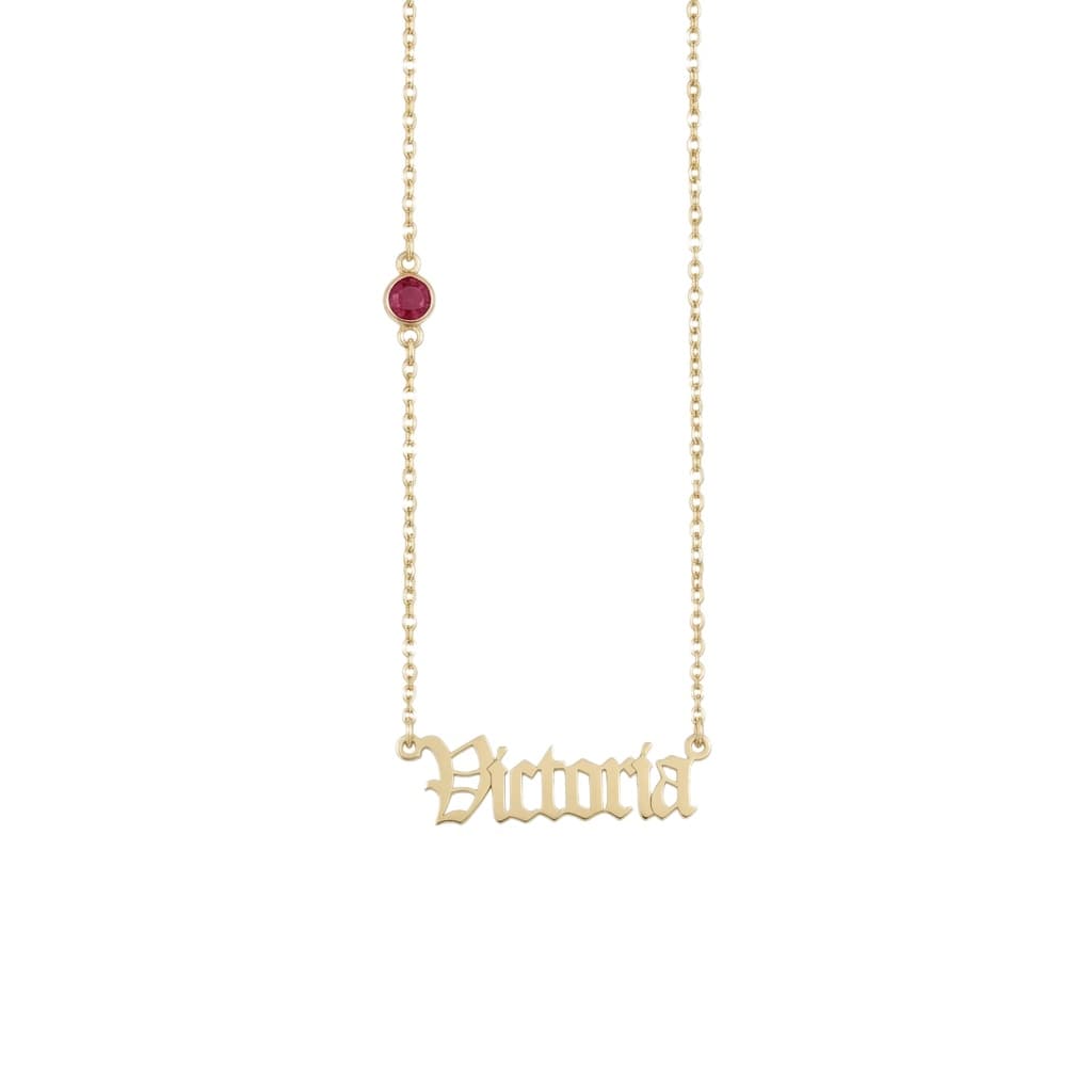 Old English Name Necklace With Birthstone